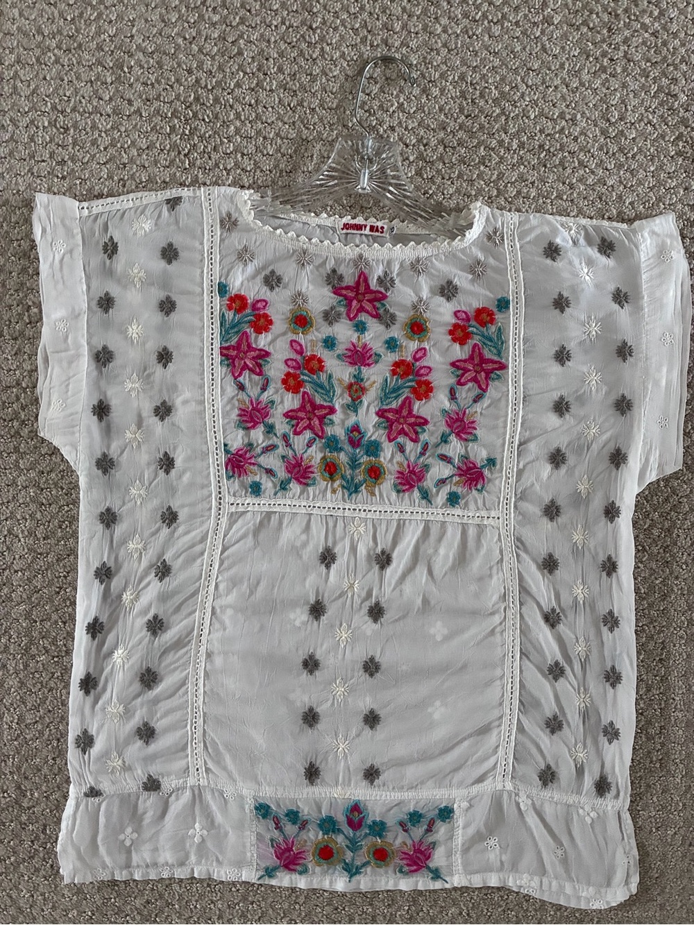 Johnny Was White Embroidered Top with Pink & Teal Floral Detail